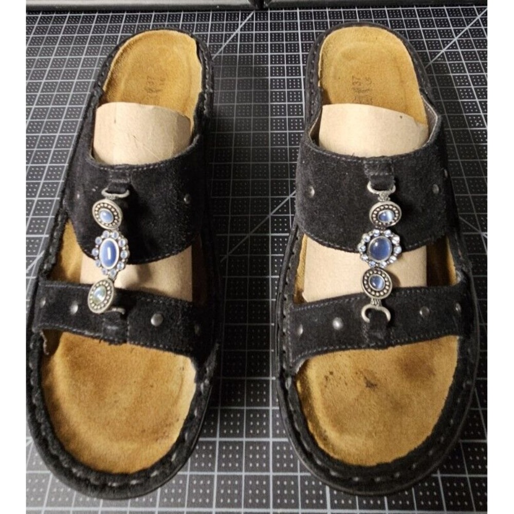 NAOT black suede‎ slide wedge sandals woman blue Gems studded accent 37/ L6